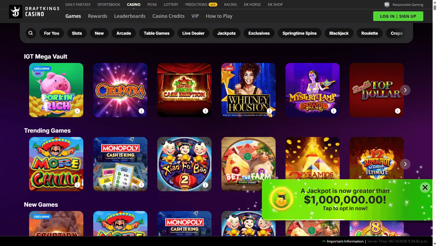 DraftKings Casino desktop games area with casino categories