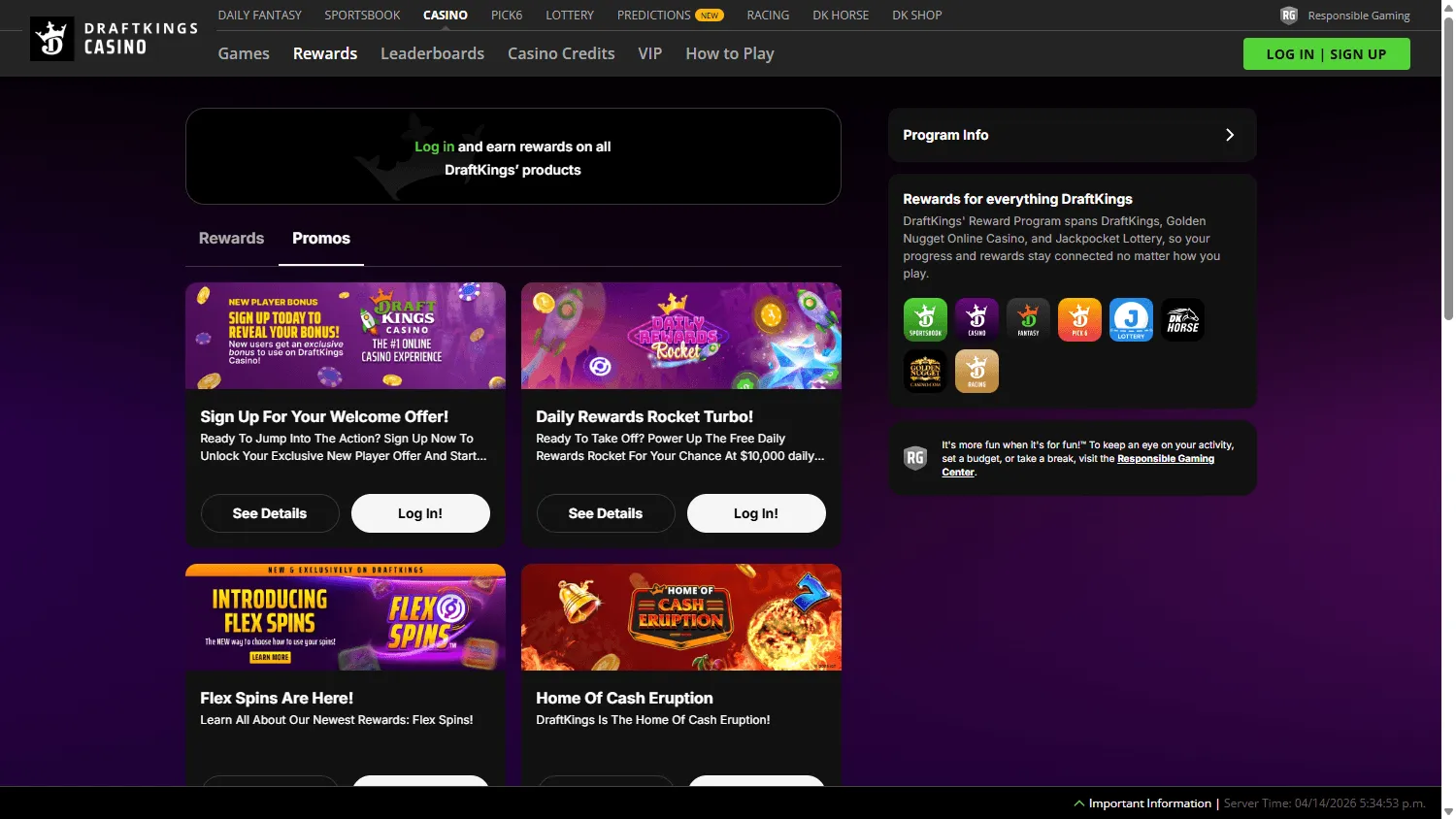 DraftKings Casino desktop promotions area with casino offers