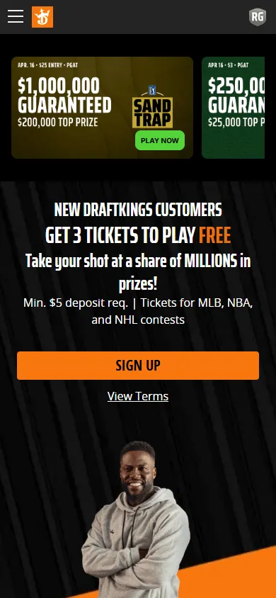 DraftKings Casino mobile home screen combining casino and sportsbook