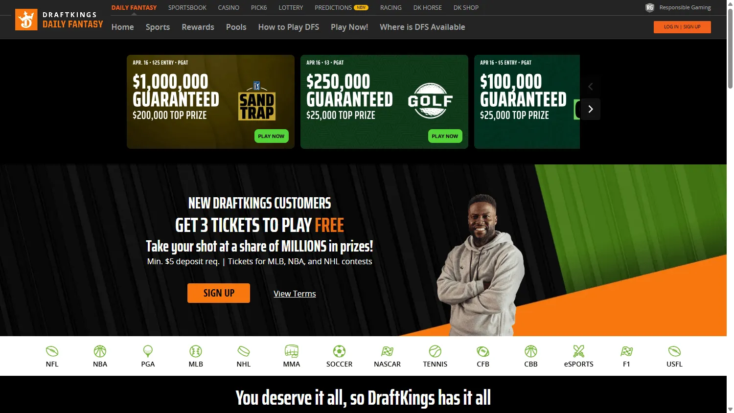DraftKings Casino desktop home screen with casino and sportsbook access