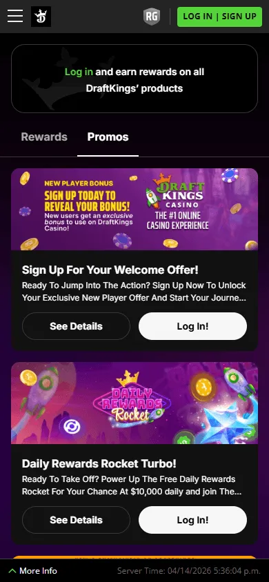 DraftKings Casino mobile promotions area with casino offers